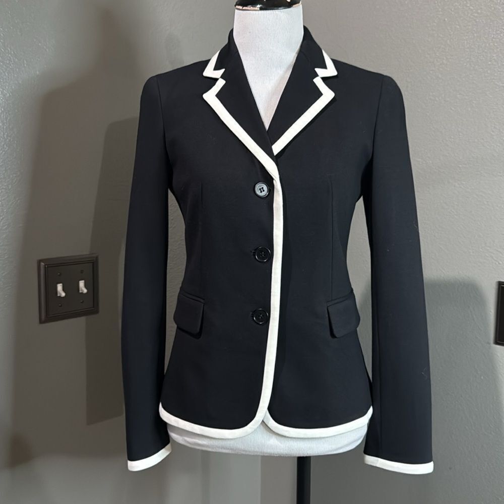 Talbots Black Blazer Jacket Cream Contrast Trim petites